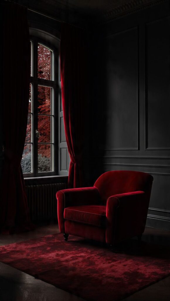 grigio contrasto rosso vivo bordeaux arredamento drammatico soggiorno