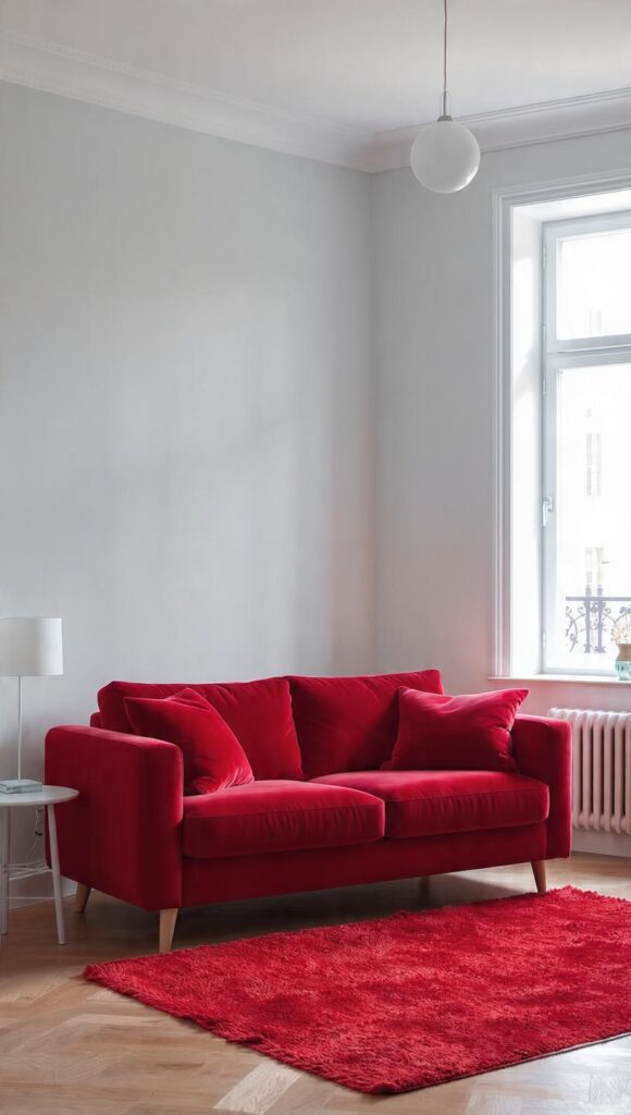 grigio ghiaccio abbinato rosso vivo divano contrasto nordico