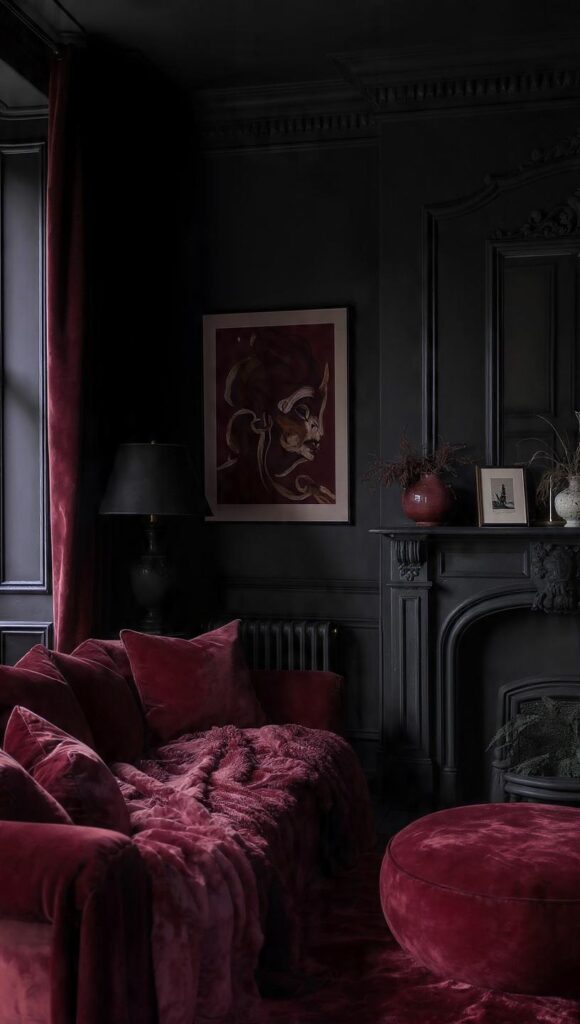 grigio scuro antracite contrasto bordeaux freddo interior elegante
