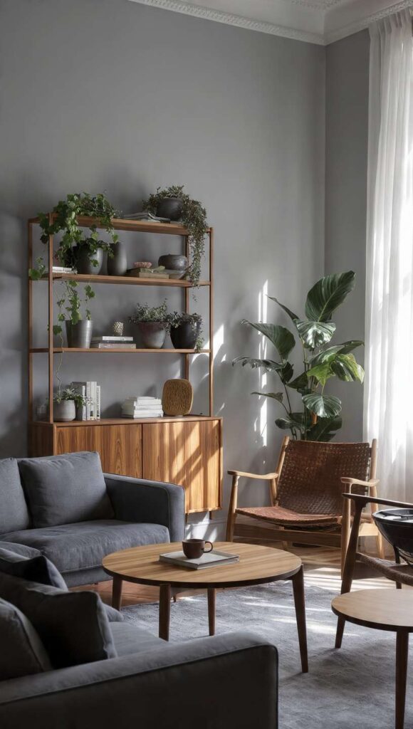 grigio contrasto verde salvia marrone legno naturale arredamento