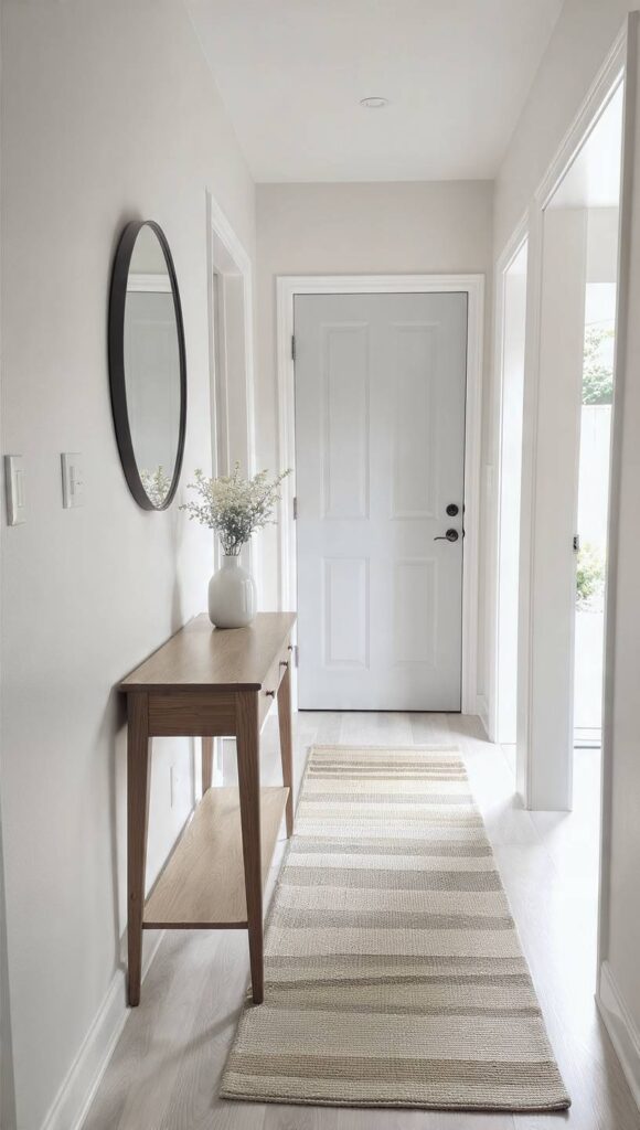 ingresso corridoio grigio perla parete consolle rovere specchio nero tappeto righe