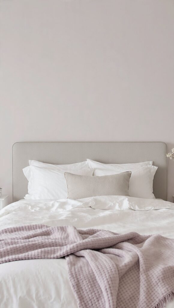 camera da letto grigio perla testata lenzuola bianche coperta glicine rilassante