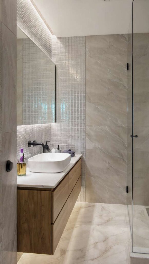 bagno grigio perla resina gres mosaico iridescente legno teak effetto spa