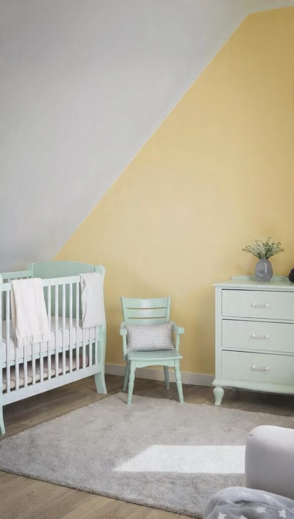 cameretta bambini grigio perla parete gialla mobili verde menta culla bianca