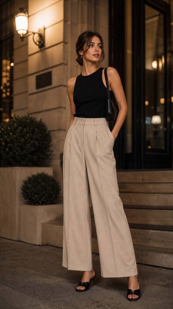 Look da sera sofisticato con top nero senza maniche e pantaloni ampi sabbia a vita alta.