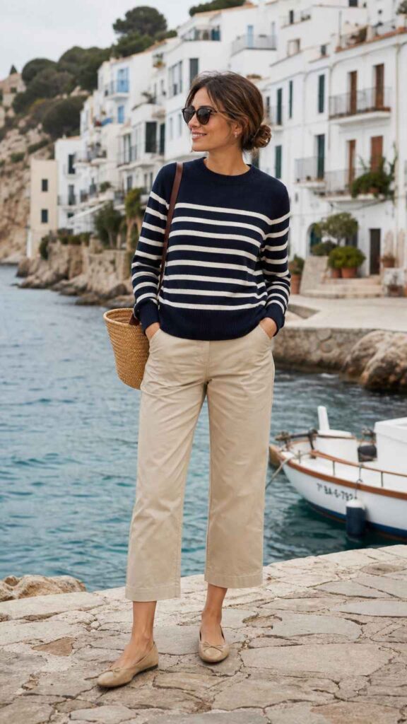 Maglia a righe blu e bianche abbinata a pantaloni cropped sabbia e ballerine, stile nautico.