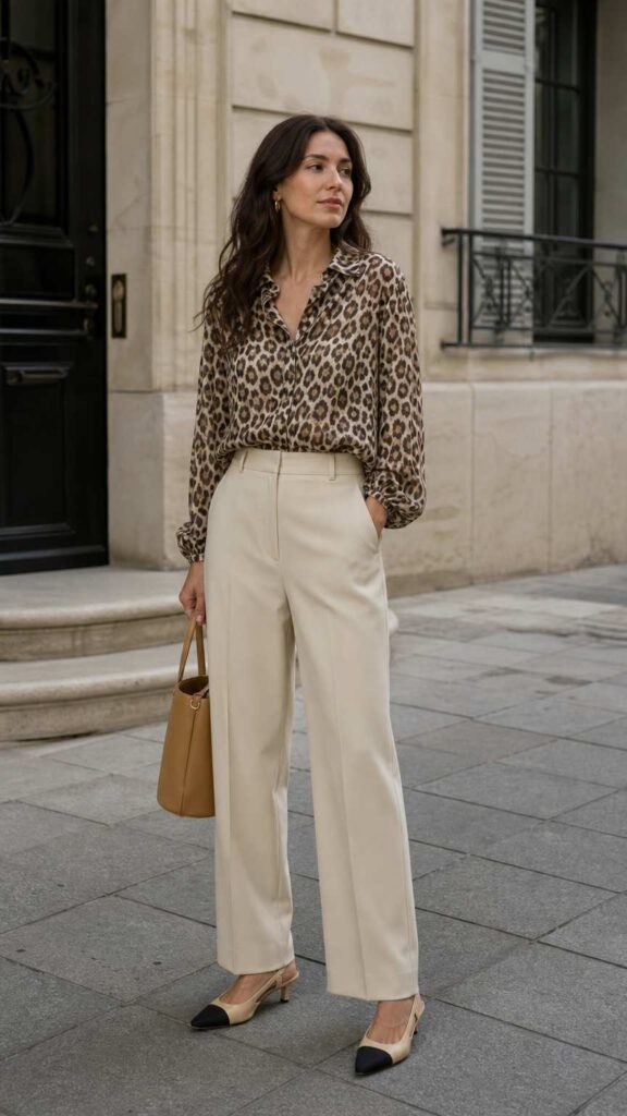 Top con stampa maculata beige e marrone, pantaloni sabbia e slingback eleganti.