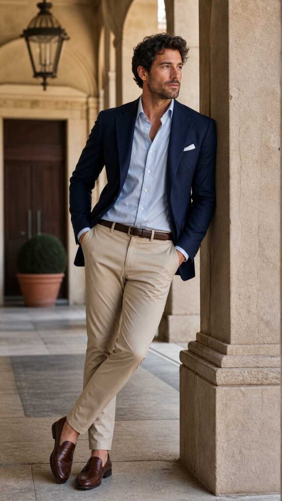 Uomo con pantaloni chino sabbia, camicia azzurra e giacca blu navy, look spezzato classico maschile.