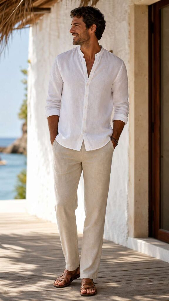 Outfit uomo estivo con pantaloni in lino sabbia e camicia bianca coreana aperta.