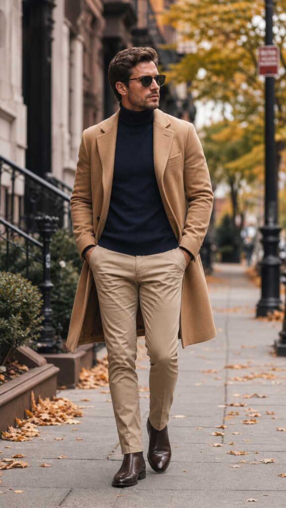 Uomo con maglione dolcevita blu, pantaloni chino beige e cappotto color cammello.
