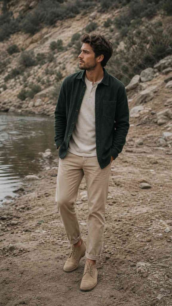 Outfit uomo con overshirt verde scuro, pantaloni sabbia e desert boot, stile outdoor chic.
