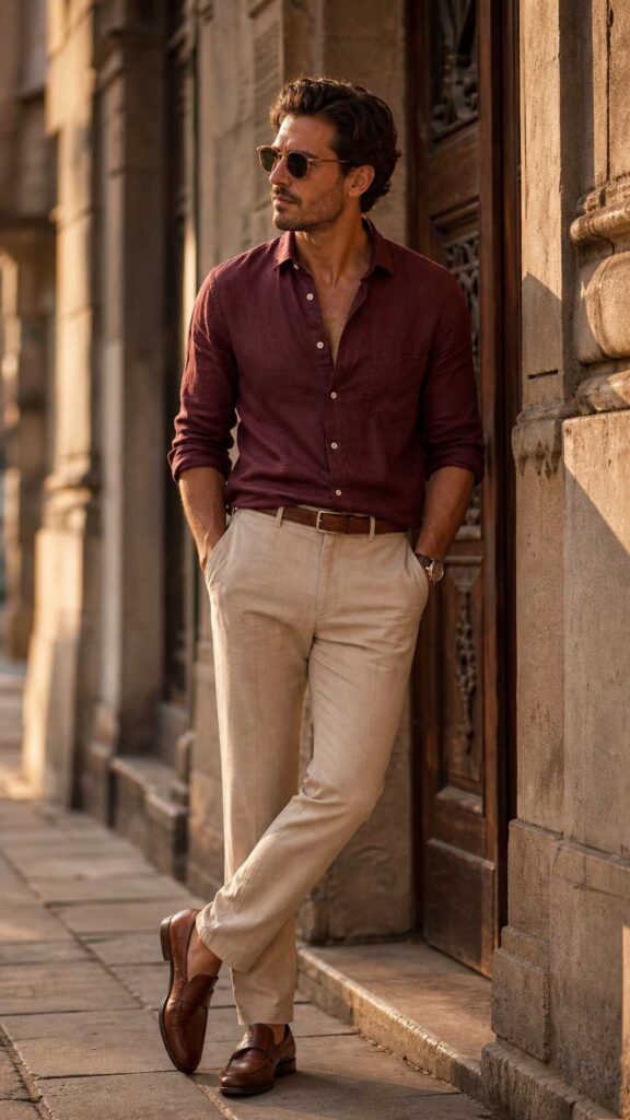Uomo con camicia bordeaux in lino e pantaloni sabbia, abbinamento colori uomo elegante.