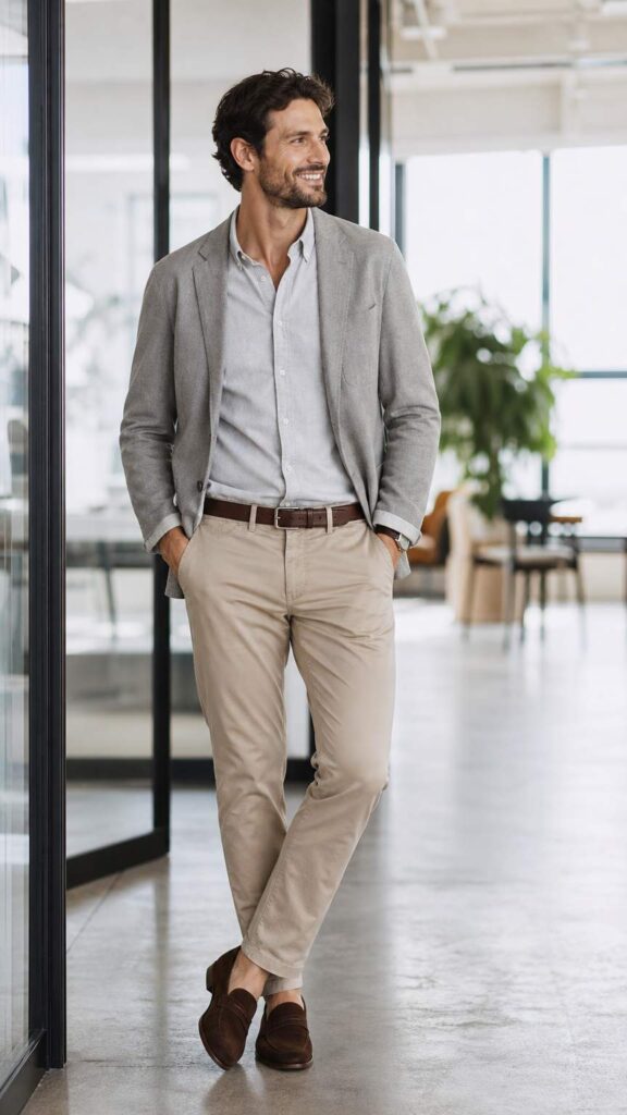 Look business casual maschile con camicia grigia chiara, pantaloni sabbia e blazer sfoderato.