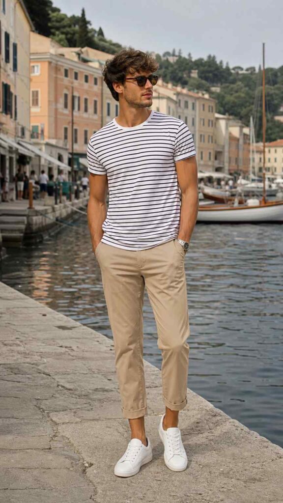 Uomo con t-shirt a righe, pantaloni sabbia cropped e sneakers bianche, stile riviera.