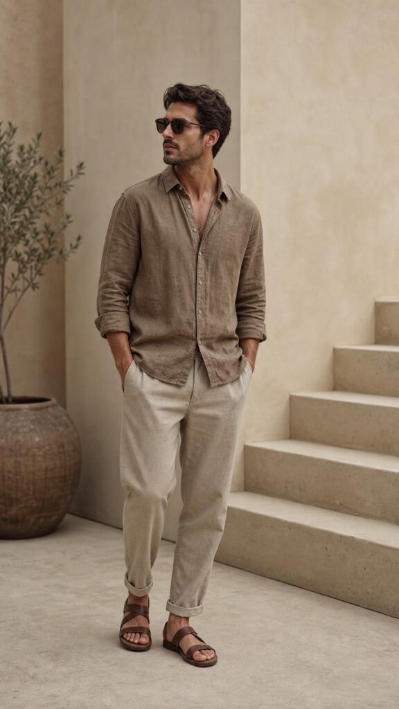 Outfit uomo monocromatico con camicia sabbia scura e pantaloni sabbia chiari, sandali in cuoio.