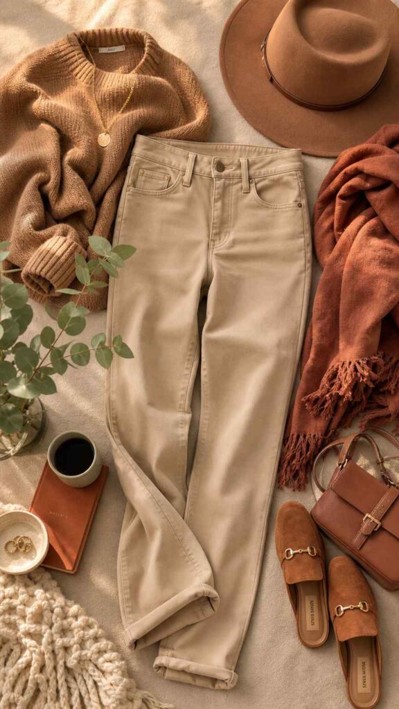Composizione fashion flat lay con pantaloni sabbia e capi in tonalità terracotta, ruggine e verde salvia.