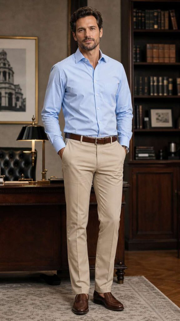 Uomo con camicia azzurra infilata in pantaloni beige e cintura marrone, look formale da ufficio.