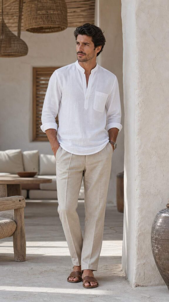 Outfit estivo maschile con camicia coreana bianca in lino e pantaloni beige leggeri.