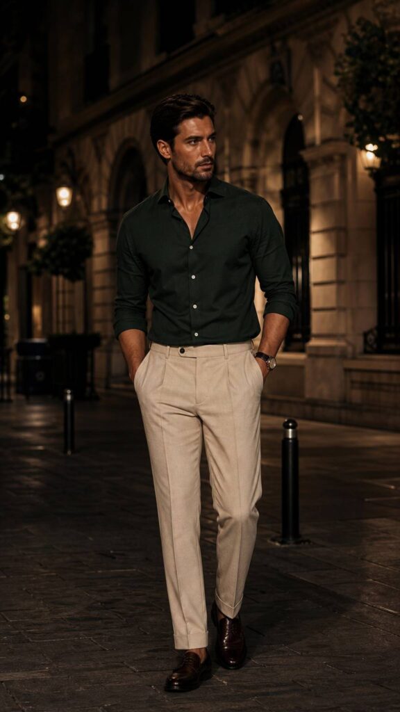 Look uomo serale con camicia verde bosco e pantaloni beige, ambientazione urbana notturna.