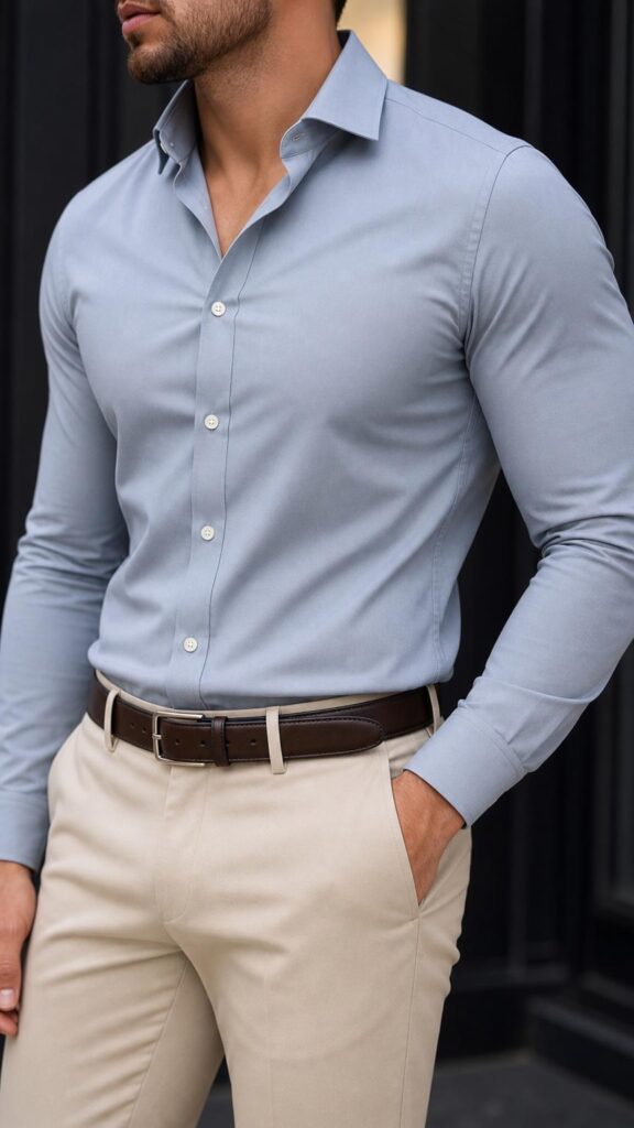 Dettaglio del fit di una camicia maschile e pantaloni beige, stile sartoriale moderno.
