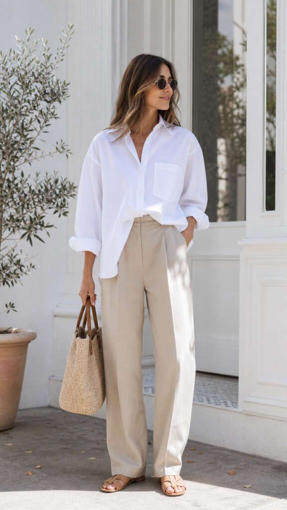 Donna con pantaloni beige e camicia bianca popeline oversize, look da giorno luminoso e rilassato.