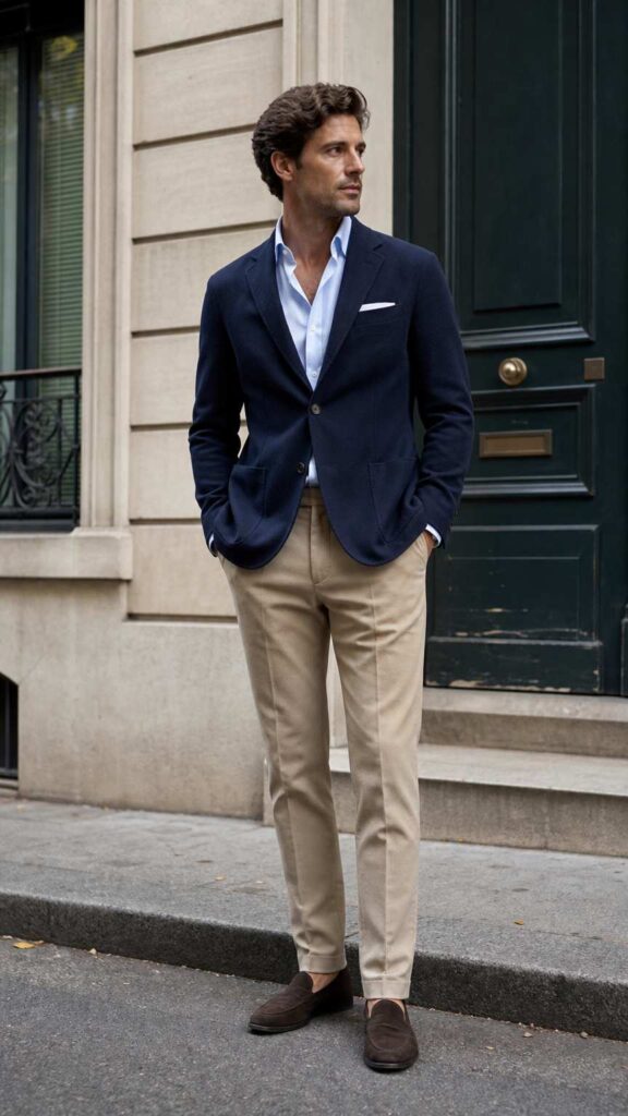 Uomo con pantaloni beige e giacca blu navy destrutturata, look spezzato classico maschile.
