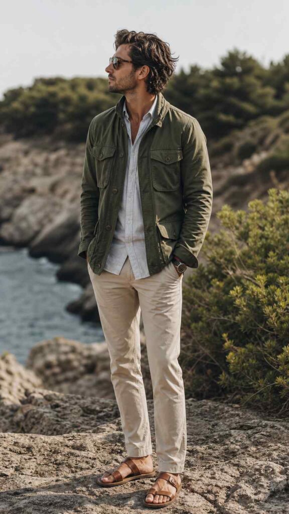 Outfit maschile con pantaloni beige e field jacket verde oliva, stile outdoor chic estivo.