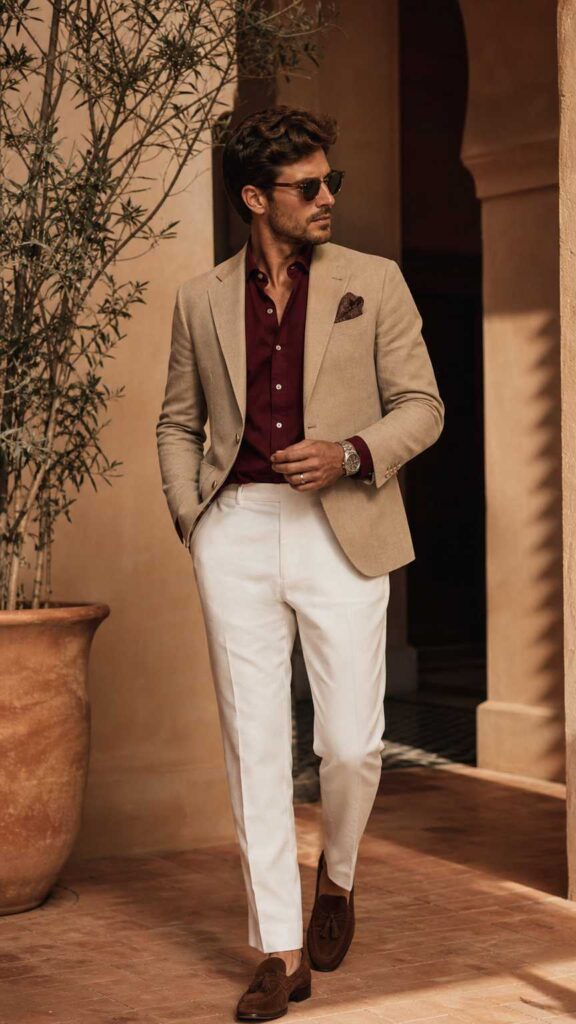 Look uomo unico con pantaloni bianchi, camicia bordeaux e giacca color sabbia.