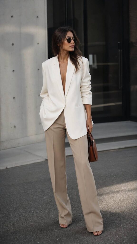 Donna con pantaloni beige e blazer oversize bianco, look minimal chic moderno.