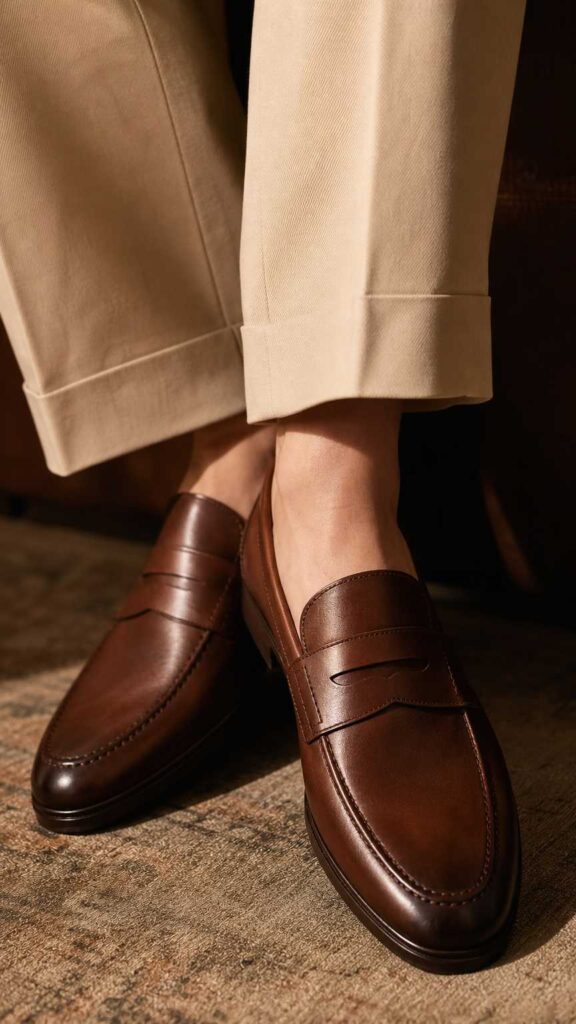 Dettaglio di scarpe mocassini in cuoio marrone abbinati a pantaloni beige, look classico