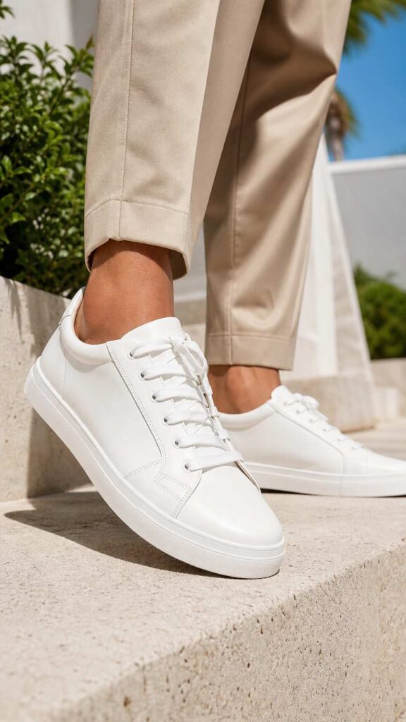 Scarpe sneakers bianche pulite indossate con pantaloni beige, stile casual estivo fresco.