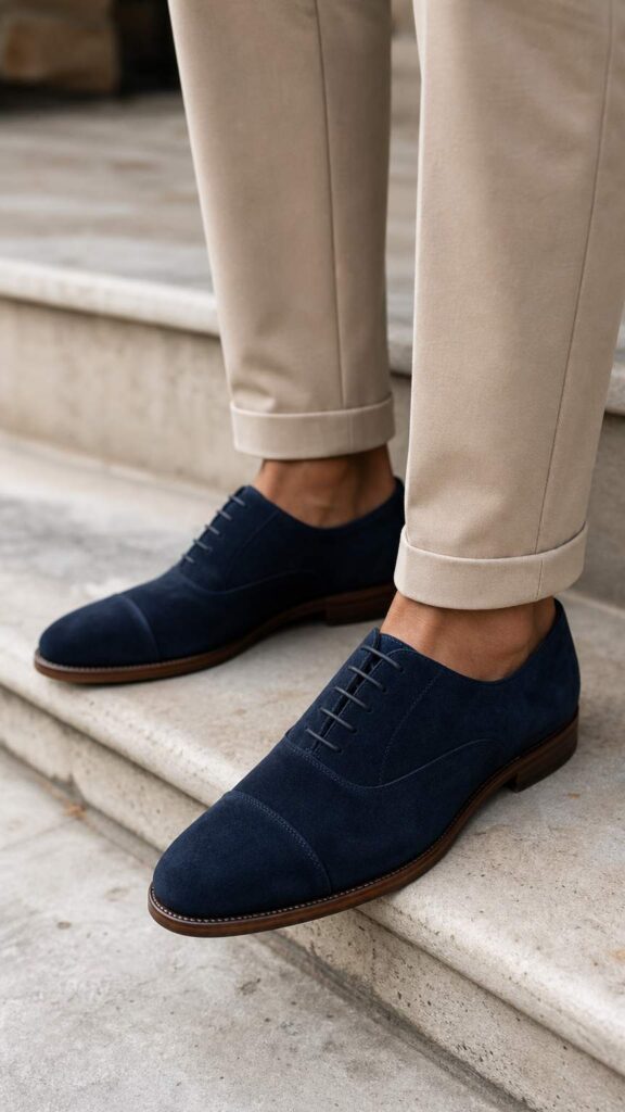 Scarpe stringate blu navy in camoscio abbinate a pantaloni beige, look business casual.