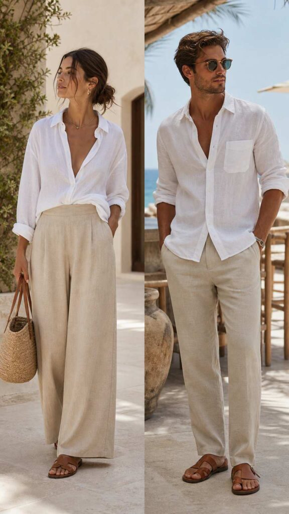 Uomo e donna indossano pantaloni in lino color sabbia e camicie bianche in un elegante resort estivo.