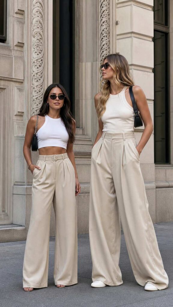 Due donne di diverse altezze indossano pantaloni palazzo color sabbia a vita alta, mostrando come adattare il modello alla propria silhouette.