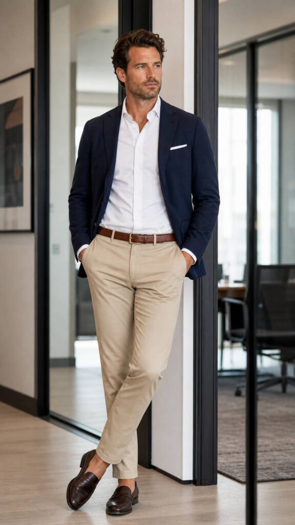 Outfit business casual uomo con pantaloni sabbia, camicia bianca e blazer blu navy con mocassini marroni.