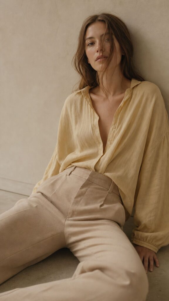 Outfit femminile con pantaloni sabbia e maglia giallino chiaro, mostra la mancanza di contrasto cromatico.