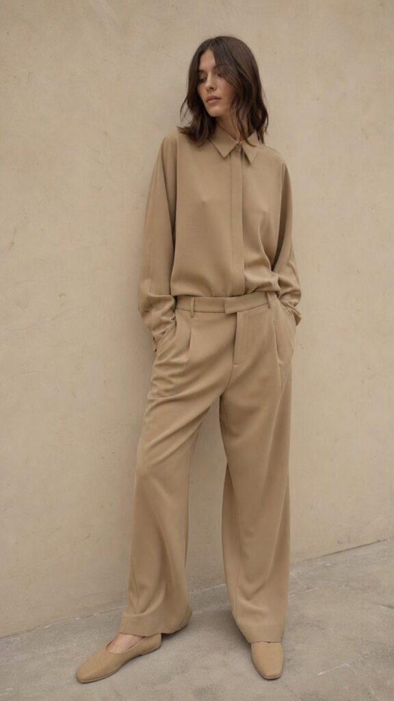 Look monocromatico sabbia con tessuti piatti e uniformi, esempio di outfit privo di profondità e texture.