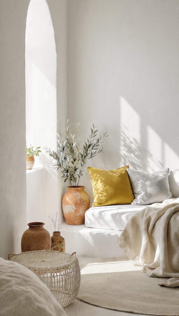 arredare casa stile salentino con pareti bianche, blu mare, verde salvia, giallo ocra e terracotta