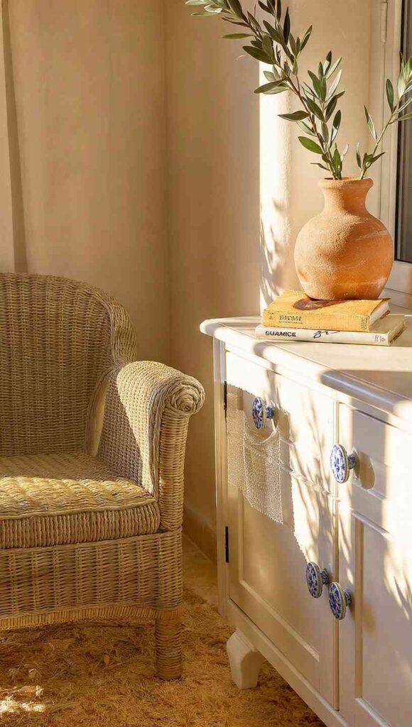 arredare casa stile salentino maniglie ceramica dipinta poltrona paglia Vienna tappeto juta ulivo