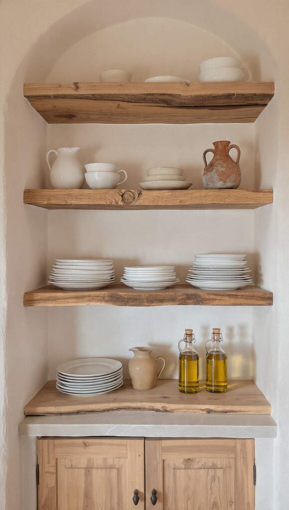 arredare casa stile salentino mensole legno grezzo piatti bianchi brocche oliere cucina