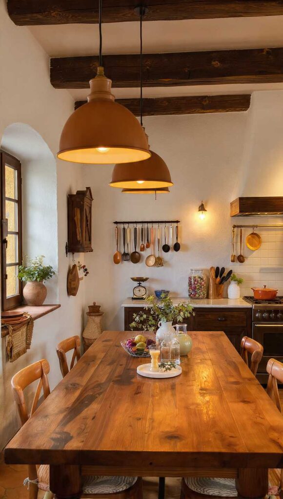 arredare casa stile salentino cucina con tavolo centrale lampada ceramica rastrelliera rame barattoli vetro