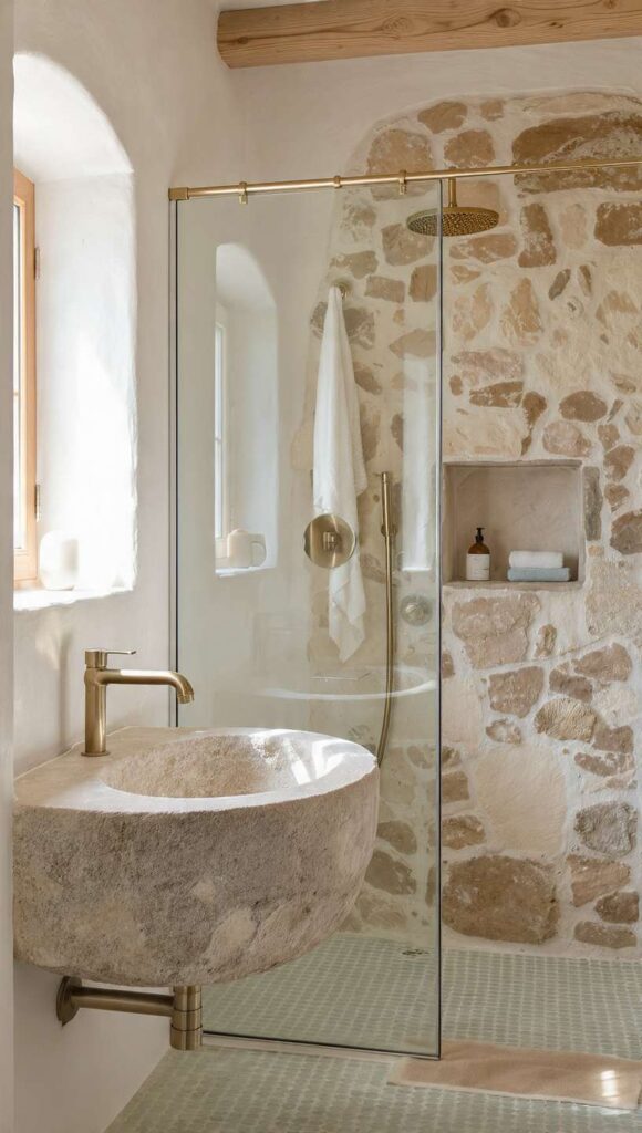 arredare casa stile salentino bagno lavabo pietra leccese rubinetteria ottone doccia tufo piastrelle verde acqua