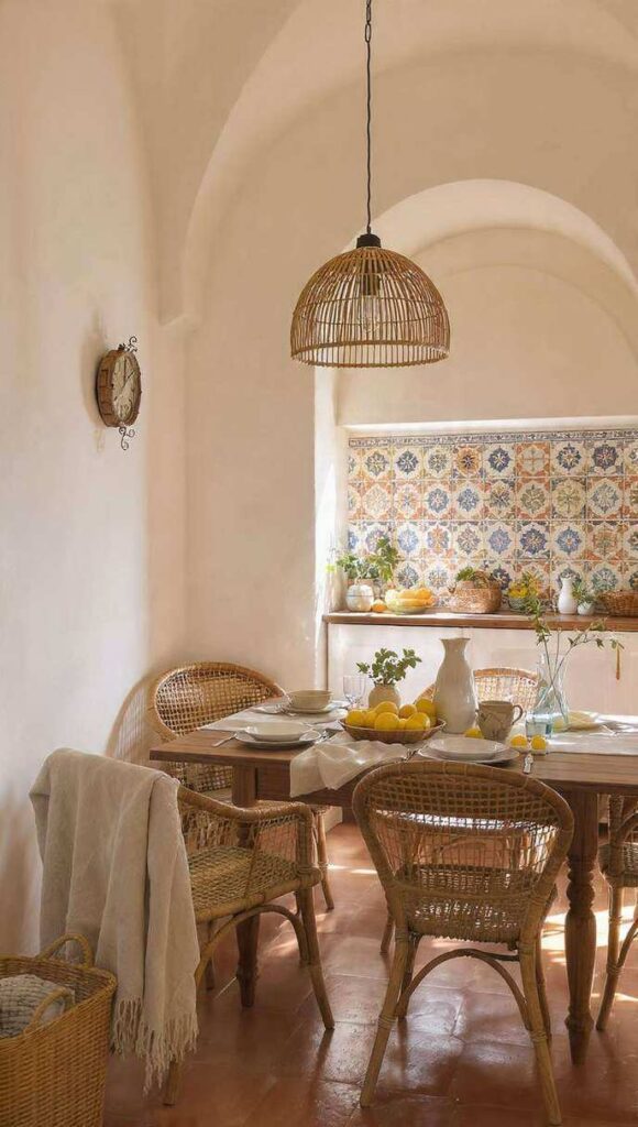 arredamento stile napoletano colori 2026 interno con tavolo vissuto, sedie rattan, piastrelle Vietri e pavimento in cotto