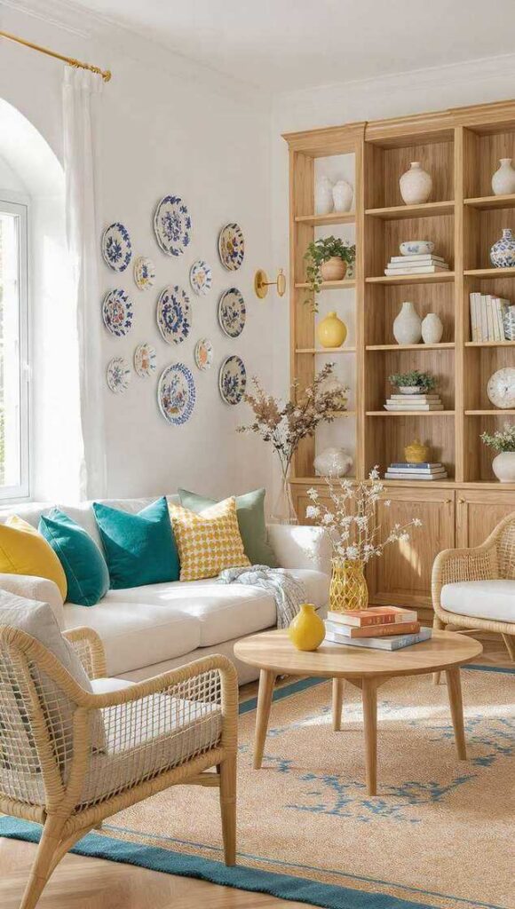 arredamento stile napoletano colori soggiorno 2026 divano lino poltrone rattan tappeto juta blu petrolio cuscini turchese ceramiche napoletane