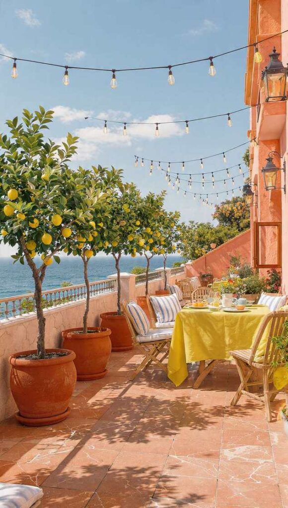 arredamento stile napoletano colori terrazzo outdoor 2026 pavimento cotto vasi terracotta limoni tessili righe blu