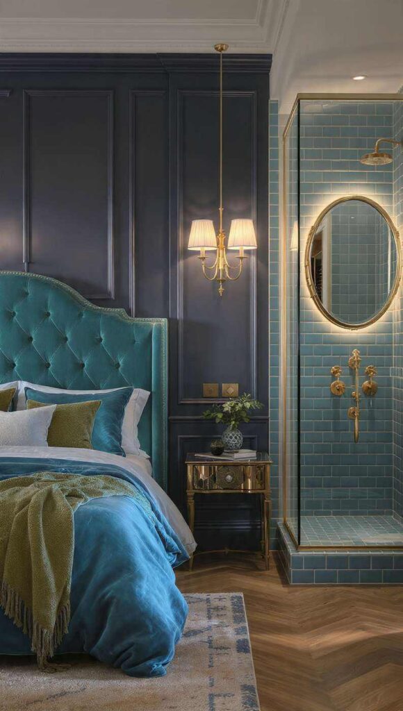 arredamento stile napoletano colori blu notte blu petrolio testiera libreria