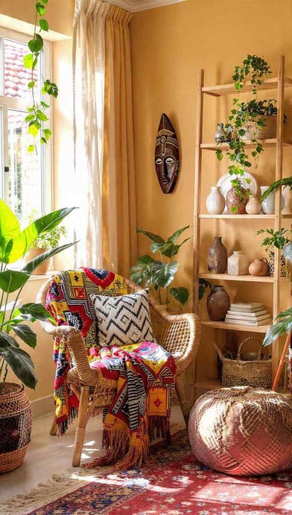 angolo soggiorno in stile afrobohemien con cuscini mudcloth, tessuto kente, maschera africana e ceramiche artigianali