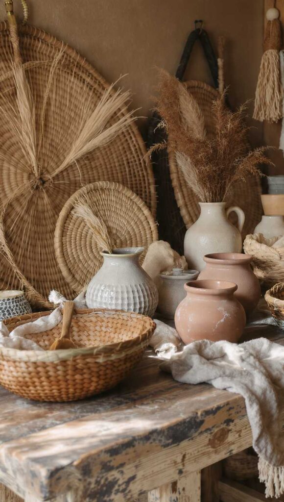 dettaglio artigianale in stile afrobohemien con legno recuperato, cesti intrecciati e ceramiche in terracotta
