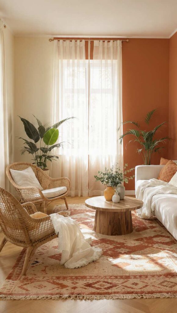 soggiorno con parete terracotta in stile afrobohemien, pavimento in juta e tappeto kilim vintage su base neutra