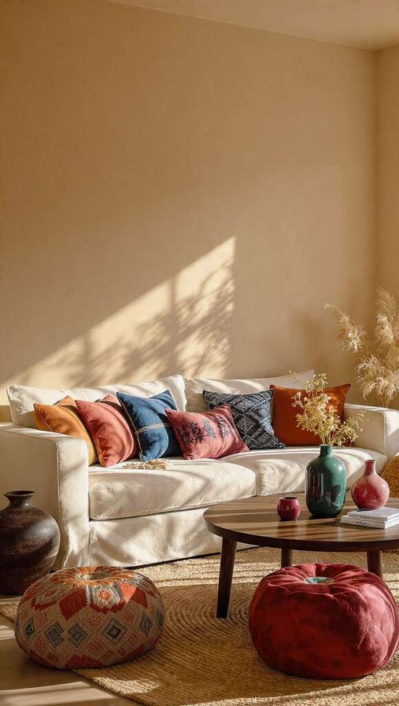 palette colori in stile afrobohemien con base avorio e sabbia, toni terracotta e ocra, accenti blu indaco, rosso rubino e verde smeraldo